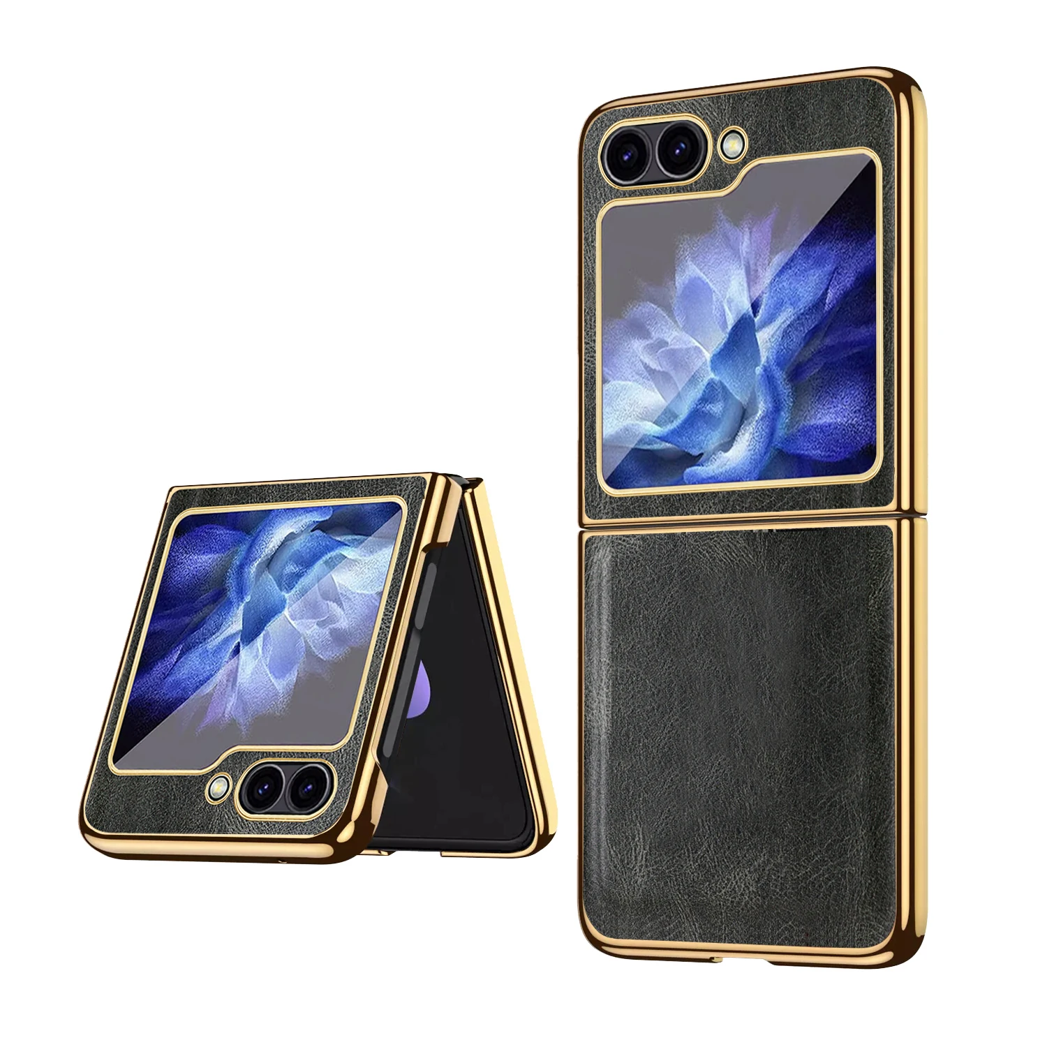 VIETAO-Gold Electroplated Frame PU Leather Cell Phone Case For Samsung Galaxy Z Flip 6, Z Flip 5 4 3 Plain PU Leather Case