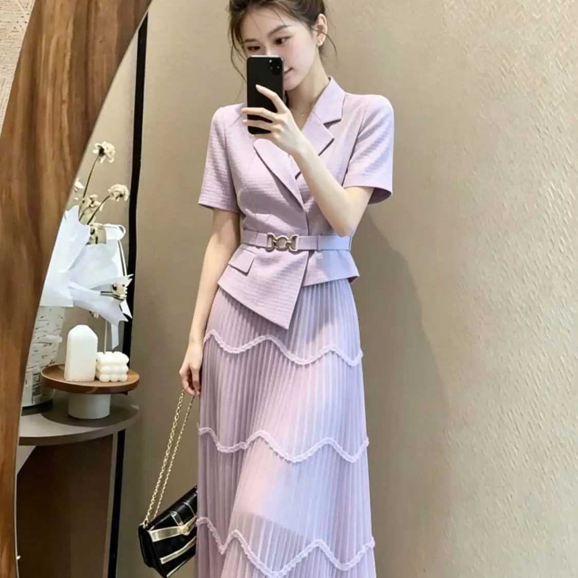 New Office Lady Summer Women's Suit Fashion Design Lapel Short Sleeve Irregular Blazer + Wave A-line Skirt Two Piece Set Elegant image 6