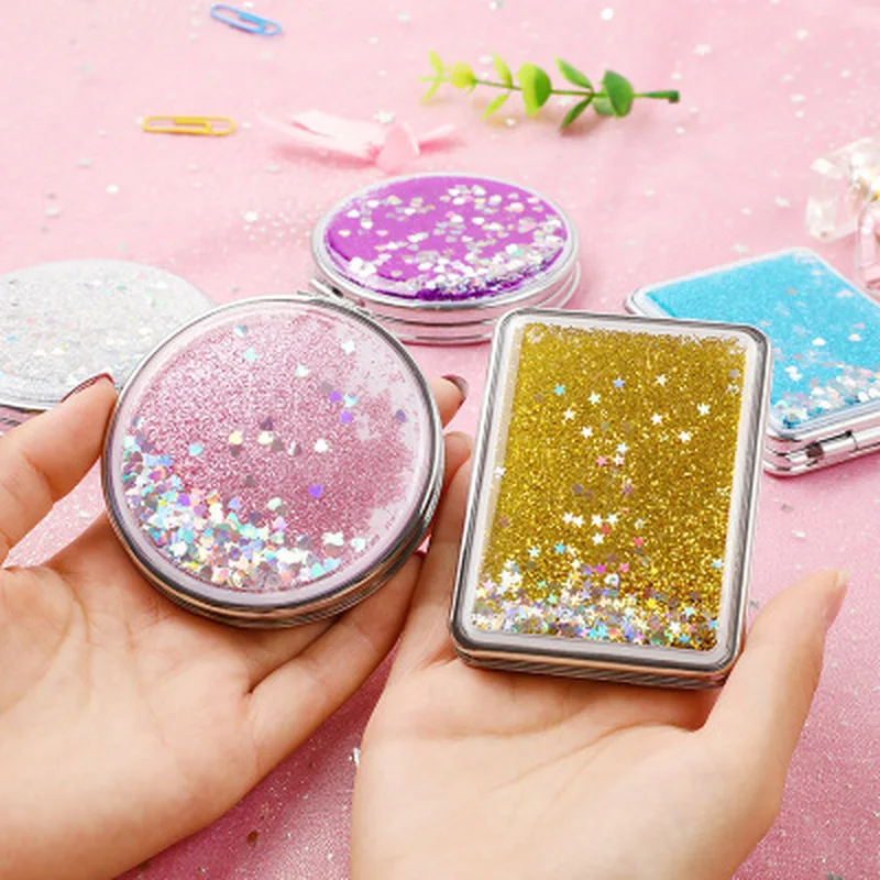 TSHOU734 Mini espejo de maquillaje de bolsillo de 2 caras, espejos compactos cosméticos creativos con arena brillante que fluye