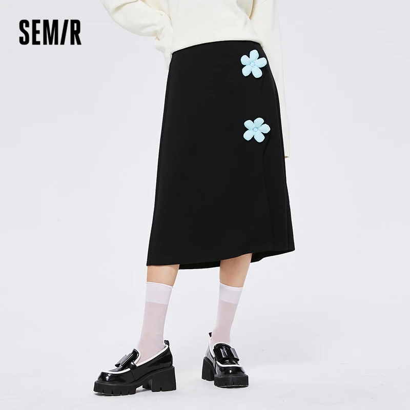 Semir 2023 Women Skirt Girlish Sweet Flower Mid-length Skirt Female Slit Black Knitted Skirt Skirt for Women