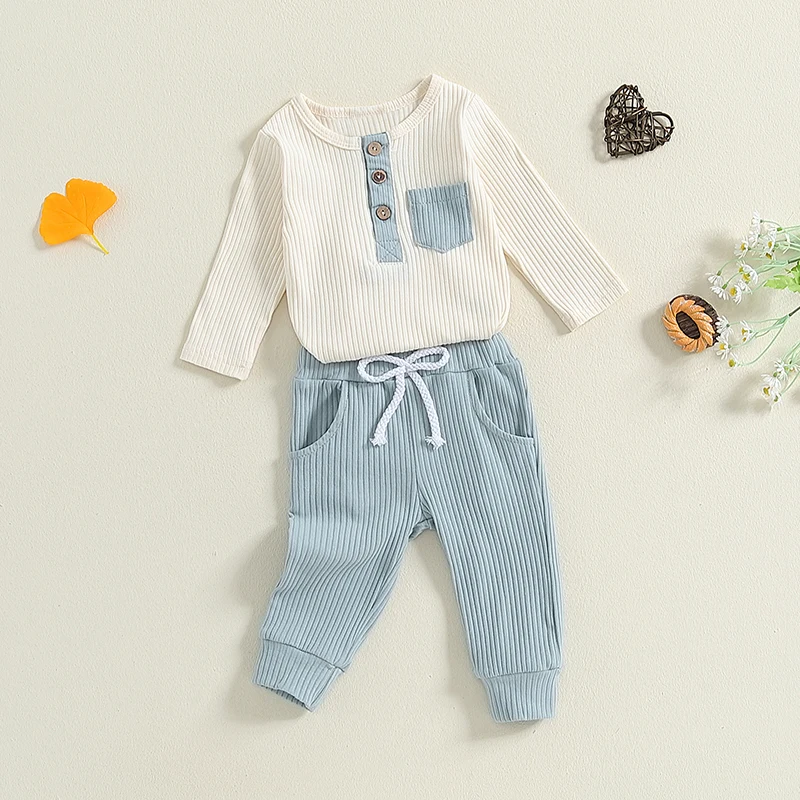 طقم رومبير بأكمام طويلة للأولاد الصغار ، أحادي اللون ، بنطال برباط ، رقبة دائرية ، زي بأزرار ، 2.