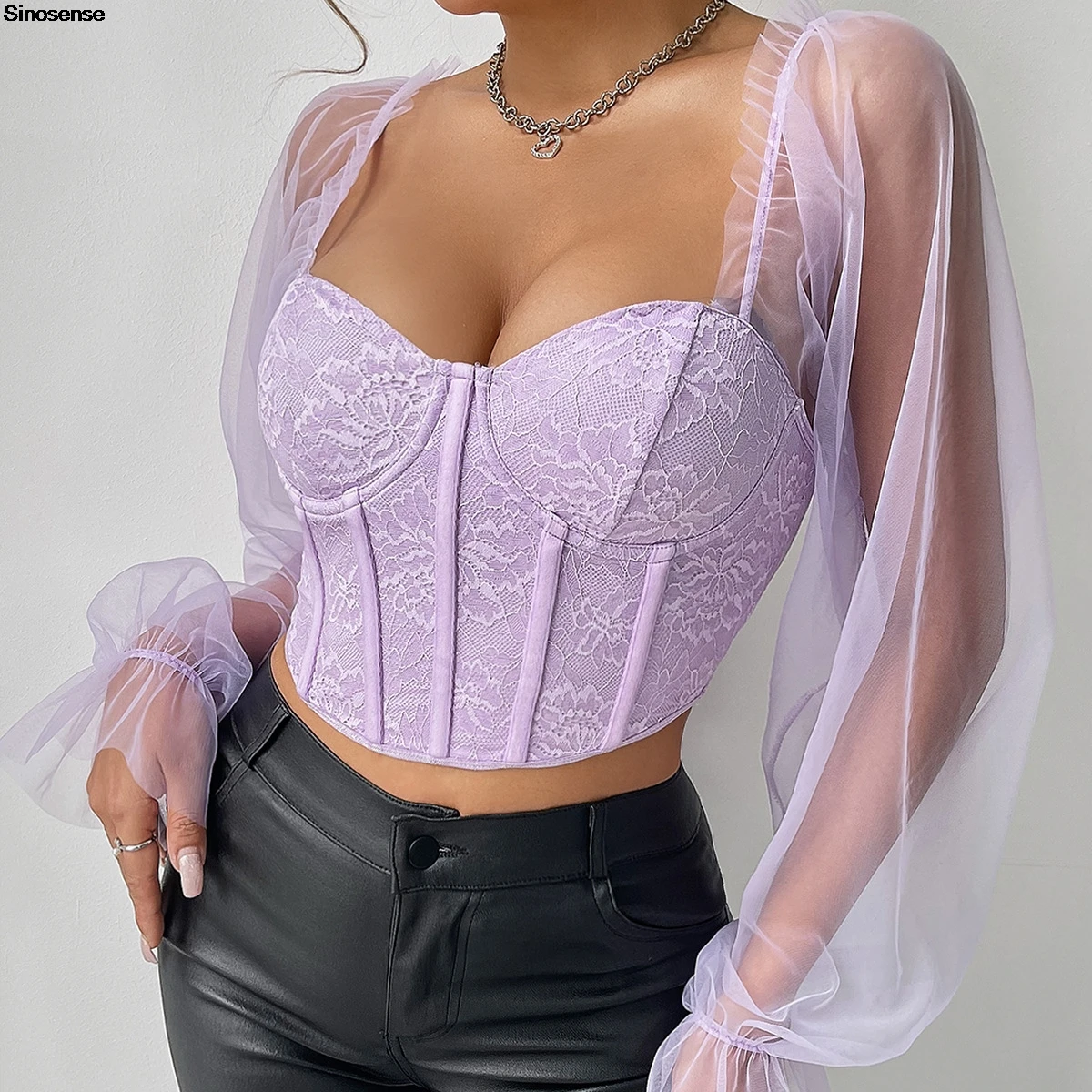 Womens Mesh Flare Sleeve Boned Corset Top Floral Lace Backless Slim Fitted Bustier Crop Tops Y2K Night Clubwear Party Blouses