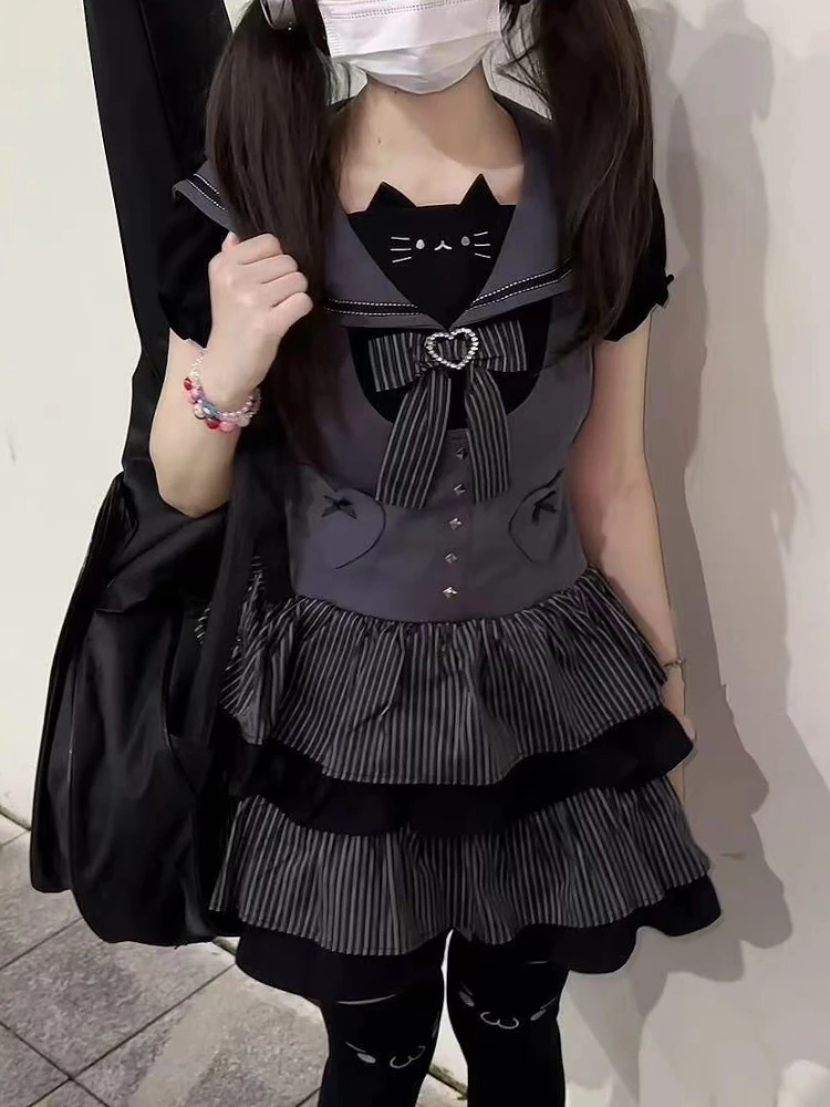 

American Sub-culture Gothic Chic Outfit Women Lovely Navy Collar Shirt Fluffy Skirt New Design Striped Sweet Retro Summer Suit