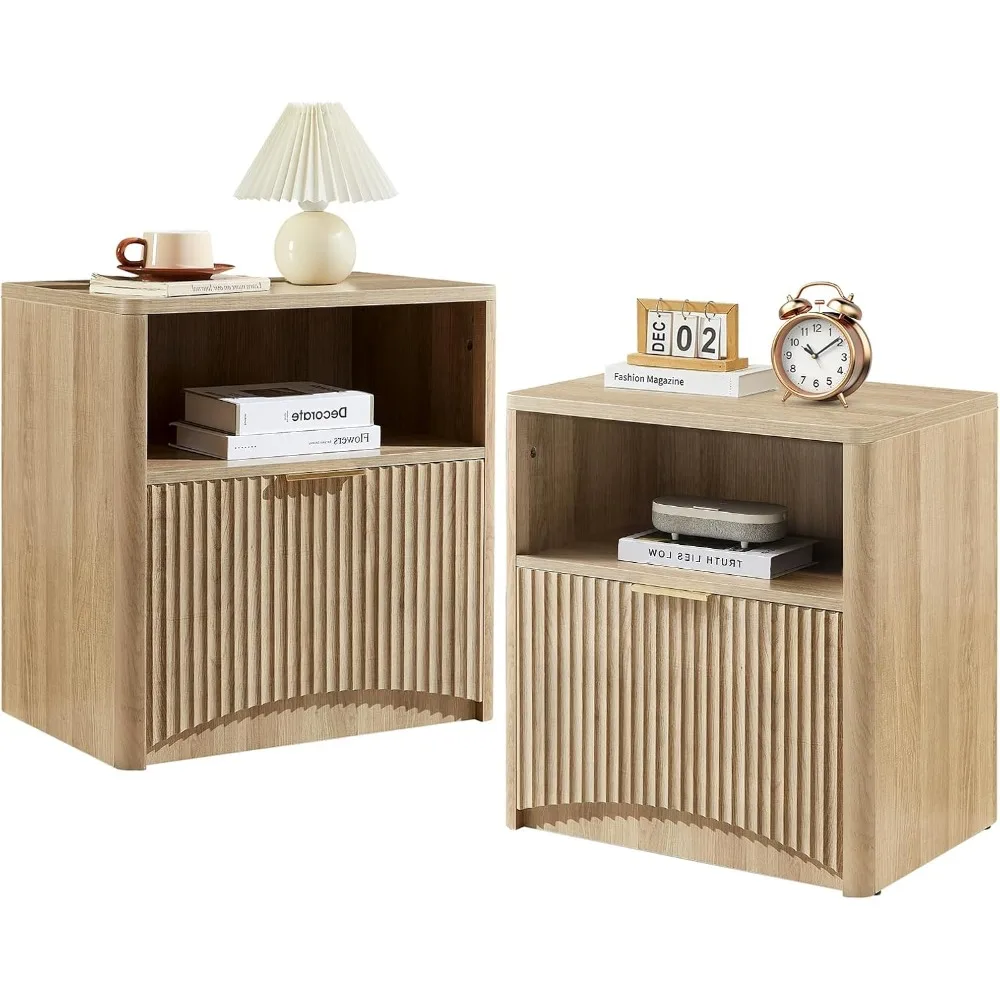 Pair of Natural Oak Nightstands with Drawers and Storage, Mid Century Modern Style Bedside Tables