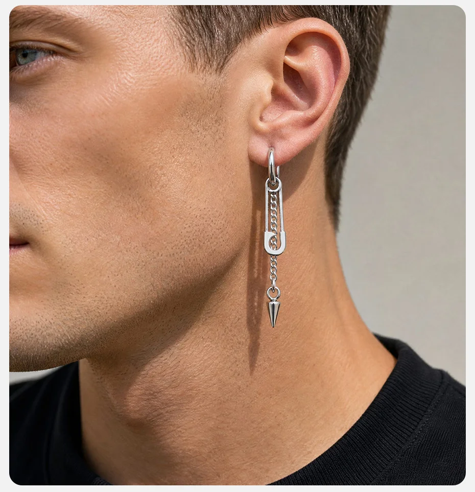 Vnox Punk Edelstahl Creolen für Männer, Schwarze Perlen-Kegel-Spikes, Sicherheitsnadel-Spikes, Hängende Gothic Hip-Hop Schmuck Geschenk – Detail 3