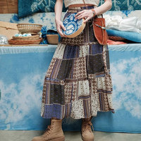 Vintage Bohemian Spliced Printed Long Skirts Female Clothing High Waist Elastic Spring Summer Fashion Loose Folk Ankle Skirts