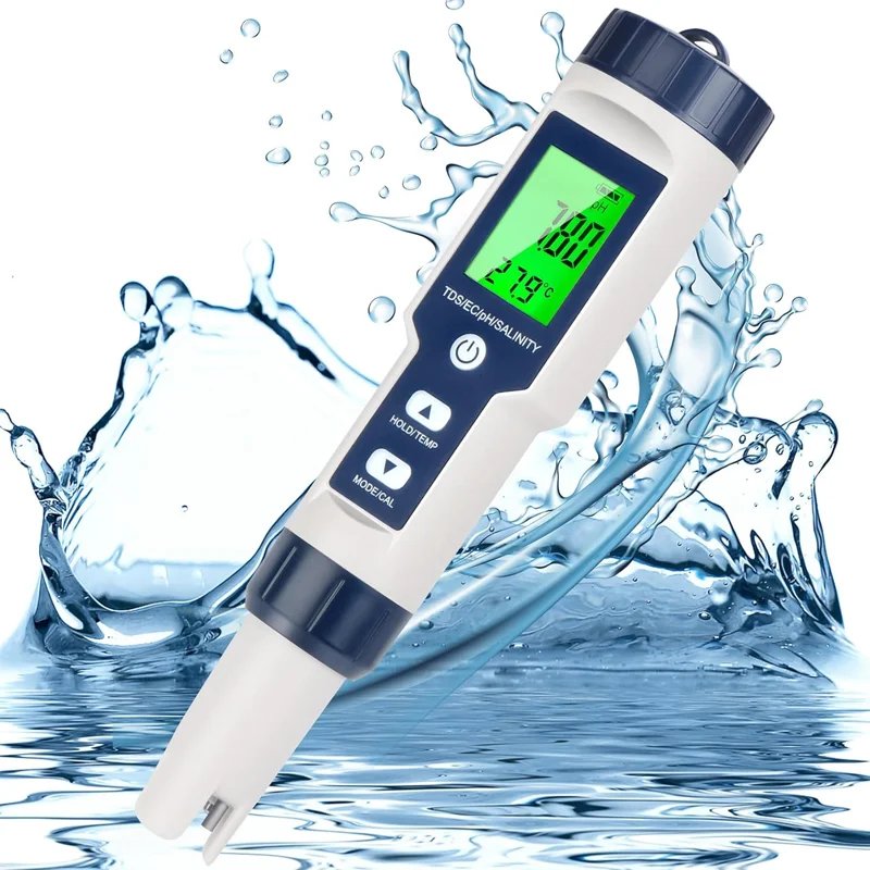 2026 Hot Sale PH Meter for Water 5 in 1 PH Temp TDS and EC Meter,Salinity Meter for Swimming Pool