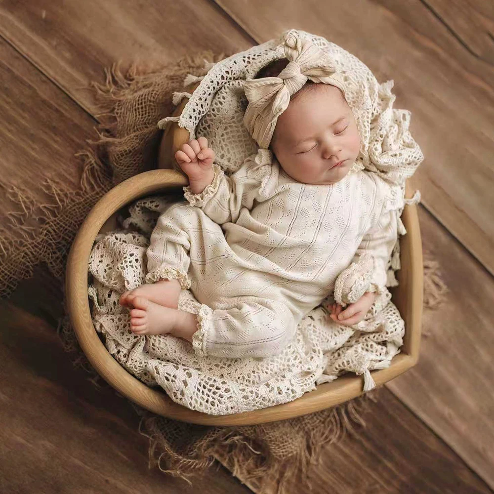 Newborn Photography Props Lace Romper with Bow Headband Baby Girl Outfit Infant Photo Shoot Costume Boutique Set image 3