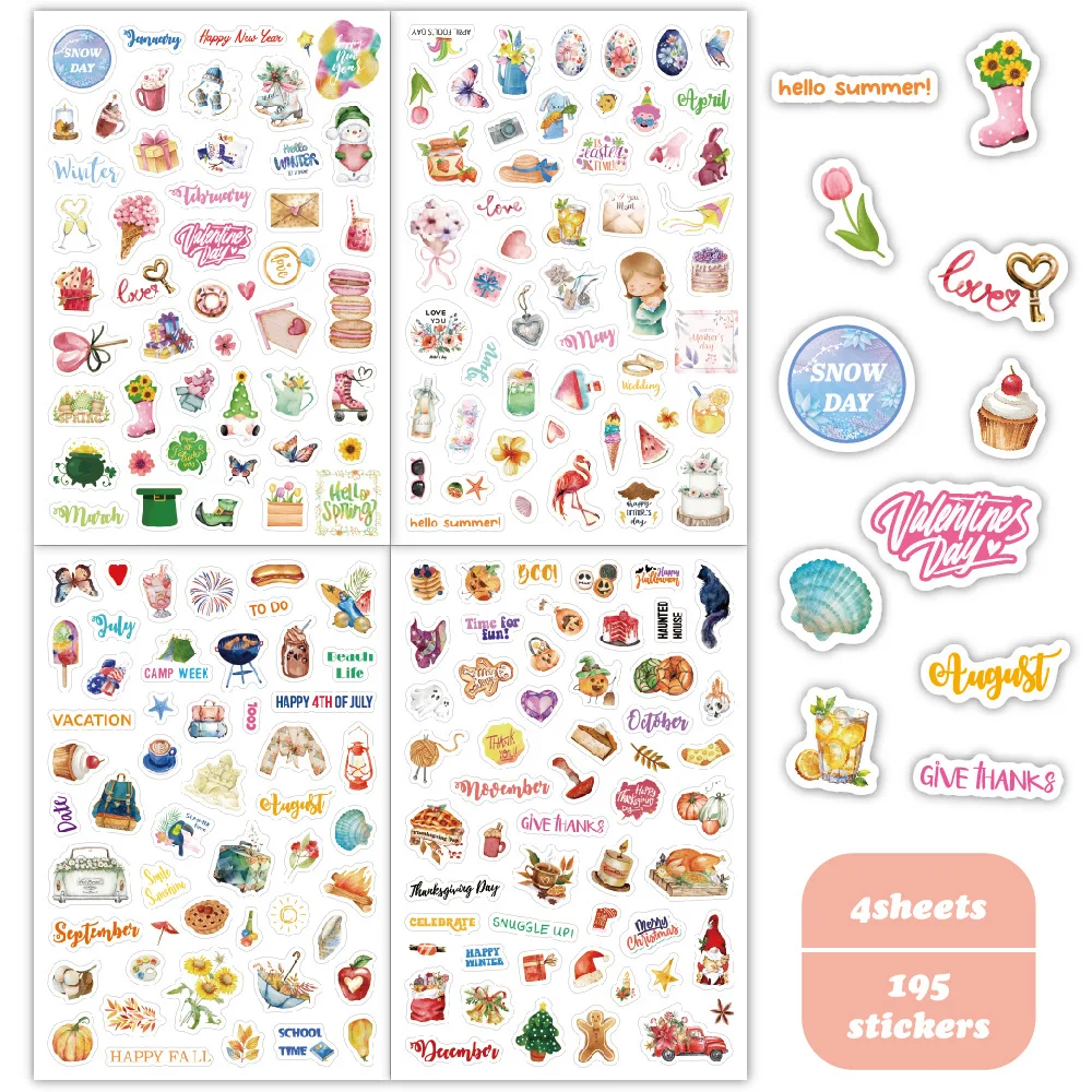 4 sheets Colorful Monthly Calendar Stickers-Inspirational Quotes Design Monthly Planner Sticker For Scrapbook Journals Notebooks