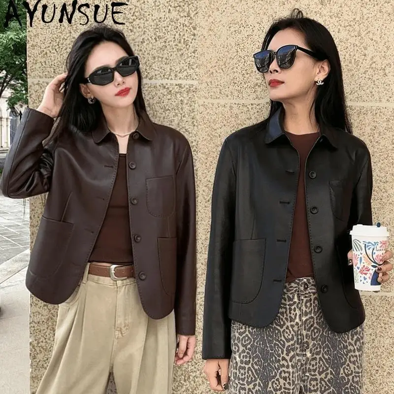 AYUNSUE Prawdziwa Skórzana Kurtka Damska z Koziej Skóry Naturalnej 2025 Czarny Płaszcz Skórzany Miękka Wiosenna Jesienna Odzież Jaqueta De Couro