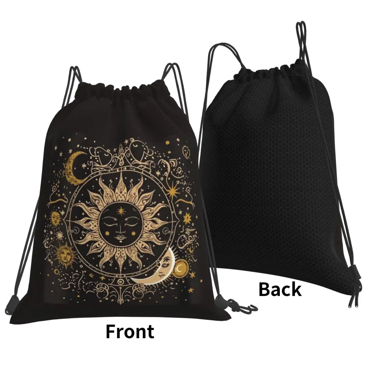 Boho Golden Crescent Moon And Sun Witch Backpacks Multi-function Drawstring Bundle Pocket Shoes Bag Book Bags for UNisex School