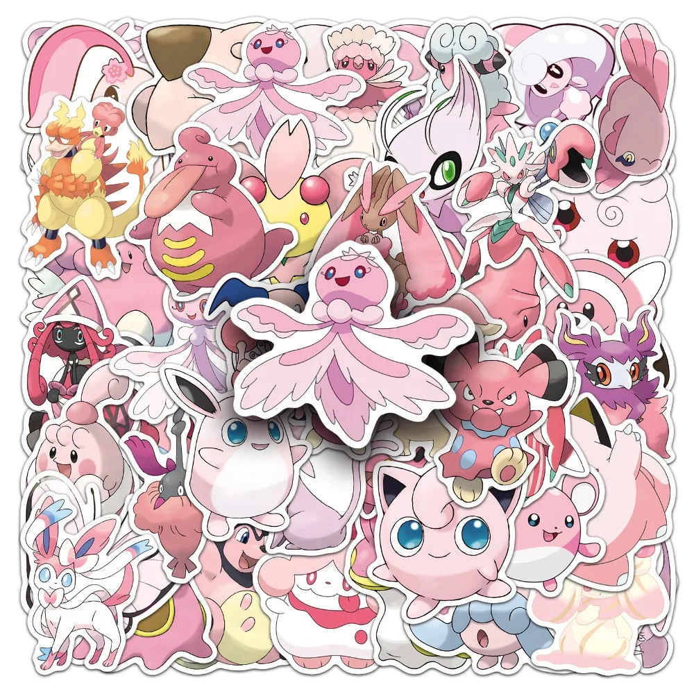 50pcs Pink Pokémon Graffiti Stickers Decals Suitcase Laptop Computer Water Cup Guitar Decoration DIY Kids Classics Toy