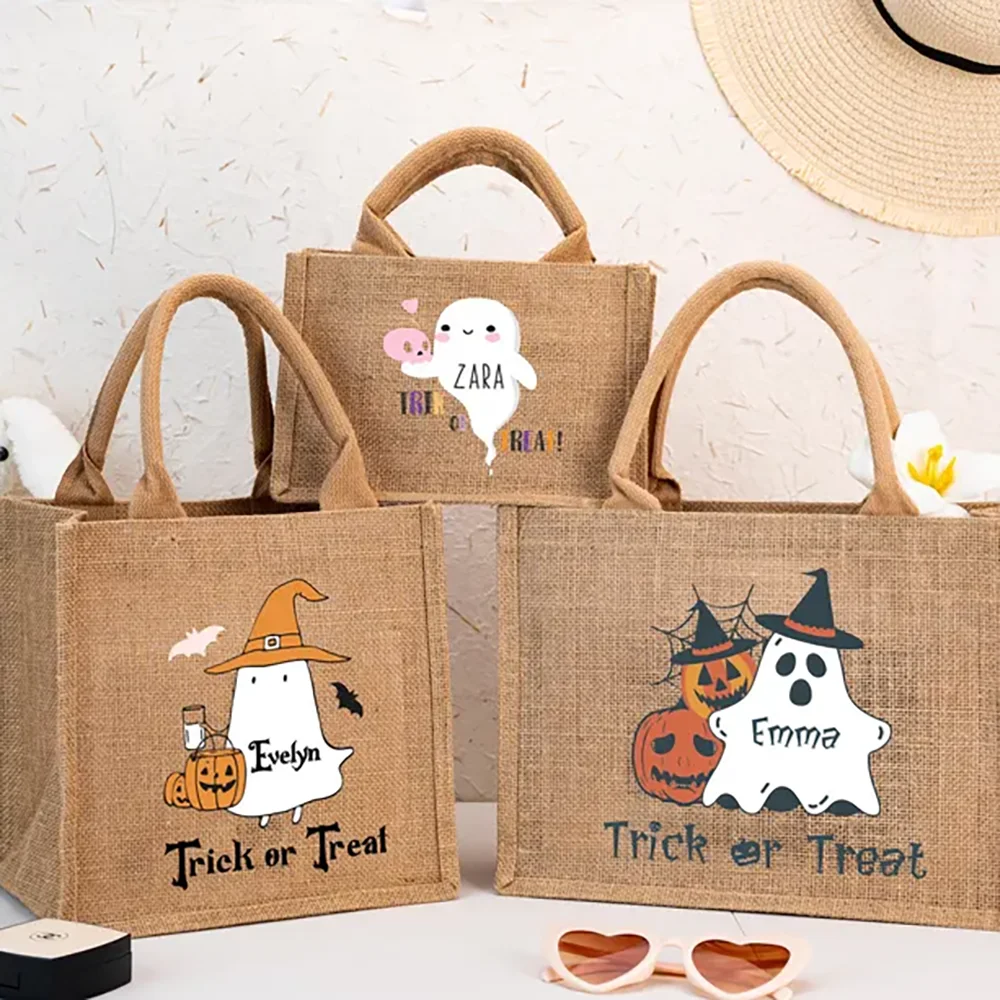 

Personalised Trick or Treat Tote Bag Custom Name Halloween Kids Candy Bag Pumpkin Ghost Kids Reusable Bags Halloween Party Decor