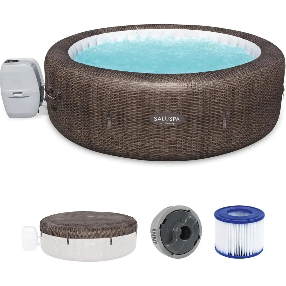 

Large 7-Person Round AirJet Hot Tub with 180 Jets and Cover, Portable Outdoor Spa, Brown