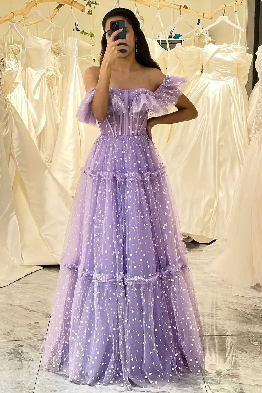 

Off the Shoulder A-line Evening Gowns Lilac Dot Tulle Lace Up Corset Long Prom Dress Sweetheart Ruched Quinceanera Dresses 2024