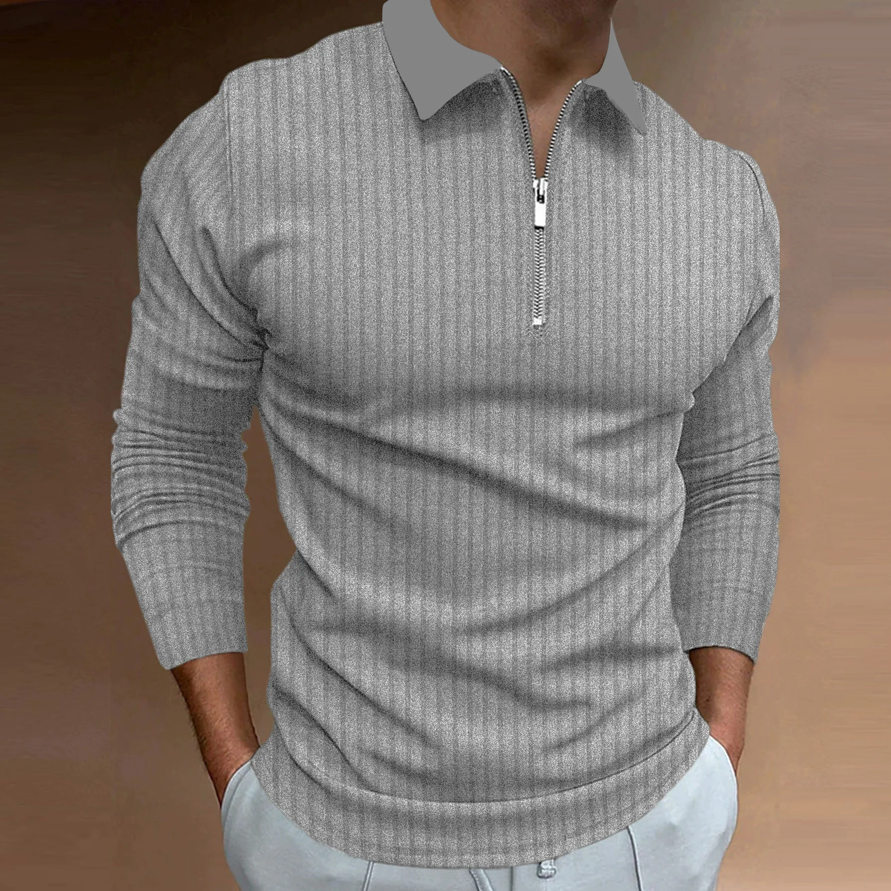 

Men's Autumn Sports Fitness Casual Collar Stretch Vertical Stripe Long Sleeve Zipper Polo Shirt JJ821