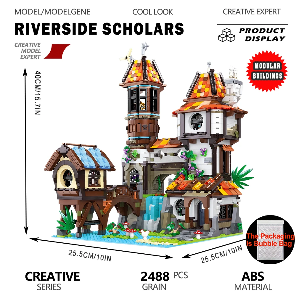 

The Riverside Scholars Medieval Castle Building Blocks MOC Vintage Medieval Architectural Assembly Model Assembly Desk Decor Toy