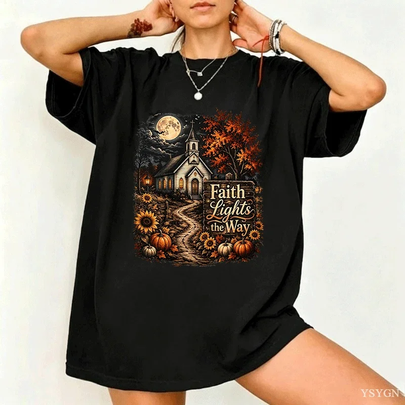 Womens Short Sleeve T Shirt Ghost Autumn Town Moon Graphic Print Crew Neck Tees Vintage Halloween Loose Fit Daily Tops