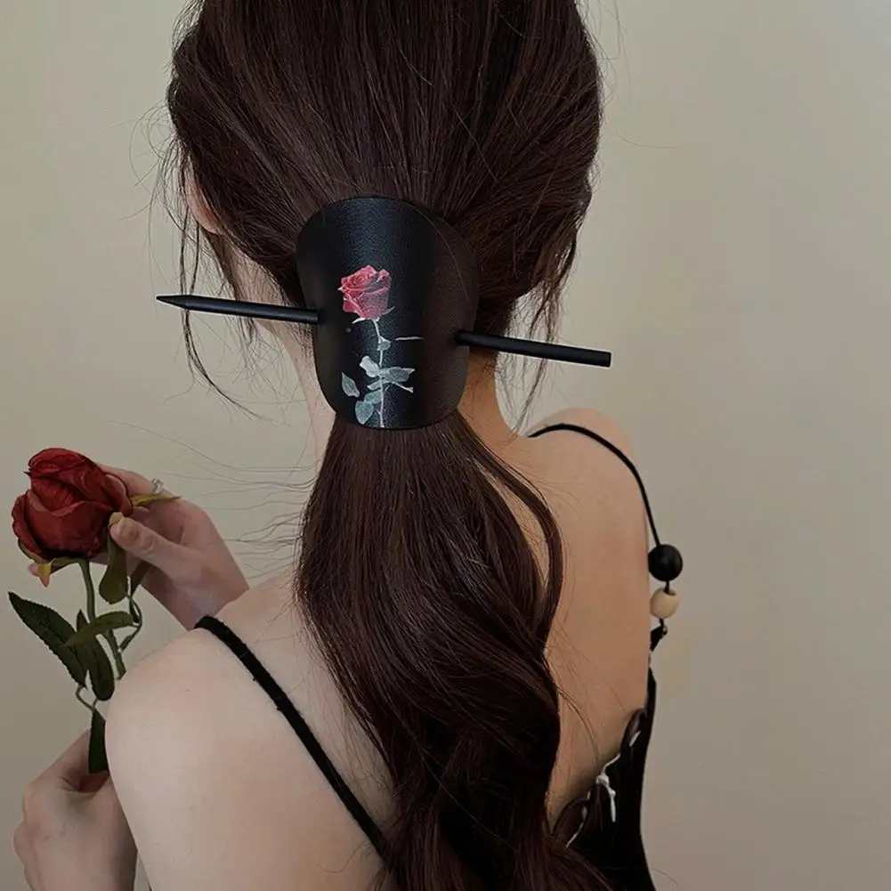 

Винтажный аксессуар для волос, элегантная палочка для волос в китайском стиле с принтом розы, декор из искусственной кожи, прическа «сделай сам» для женщин