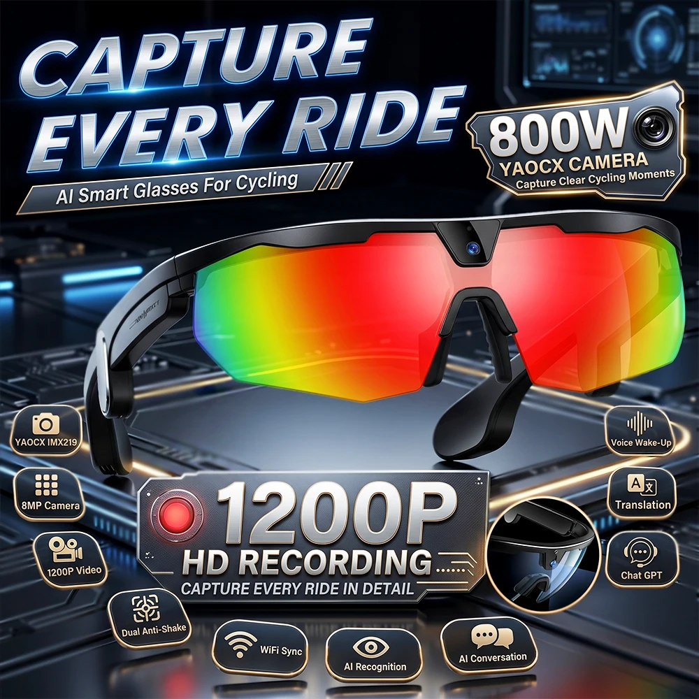 

2026 Smart Cycling Glasses 8MP HD Camera AI Real Time Translation Wireless Call Anti Shake Sports Sunglasses IP66 Dust Resistant