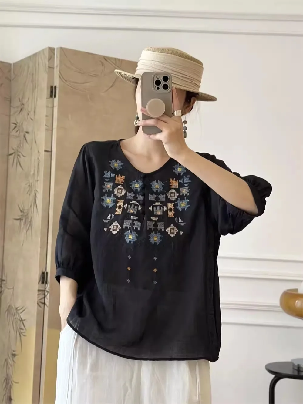 Retro Dames Katoen Linnen Geborduurd V-Ne f Sve irt Zomer Losse Plus Size Afslanken Dunne Sle Pendelen Faion