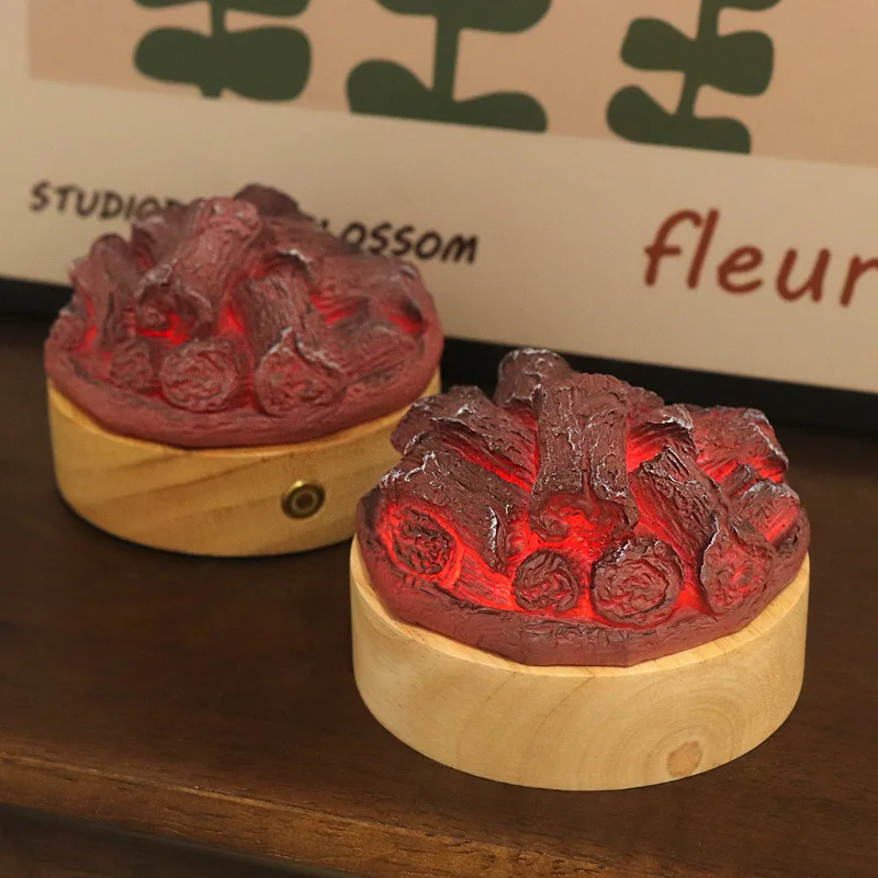 Simulation Resin Flame Lamp Rubber Wood Tabletop Decor Night Light With Rechargeable Battery Box Breathing Light Effect