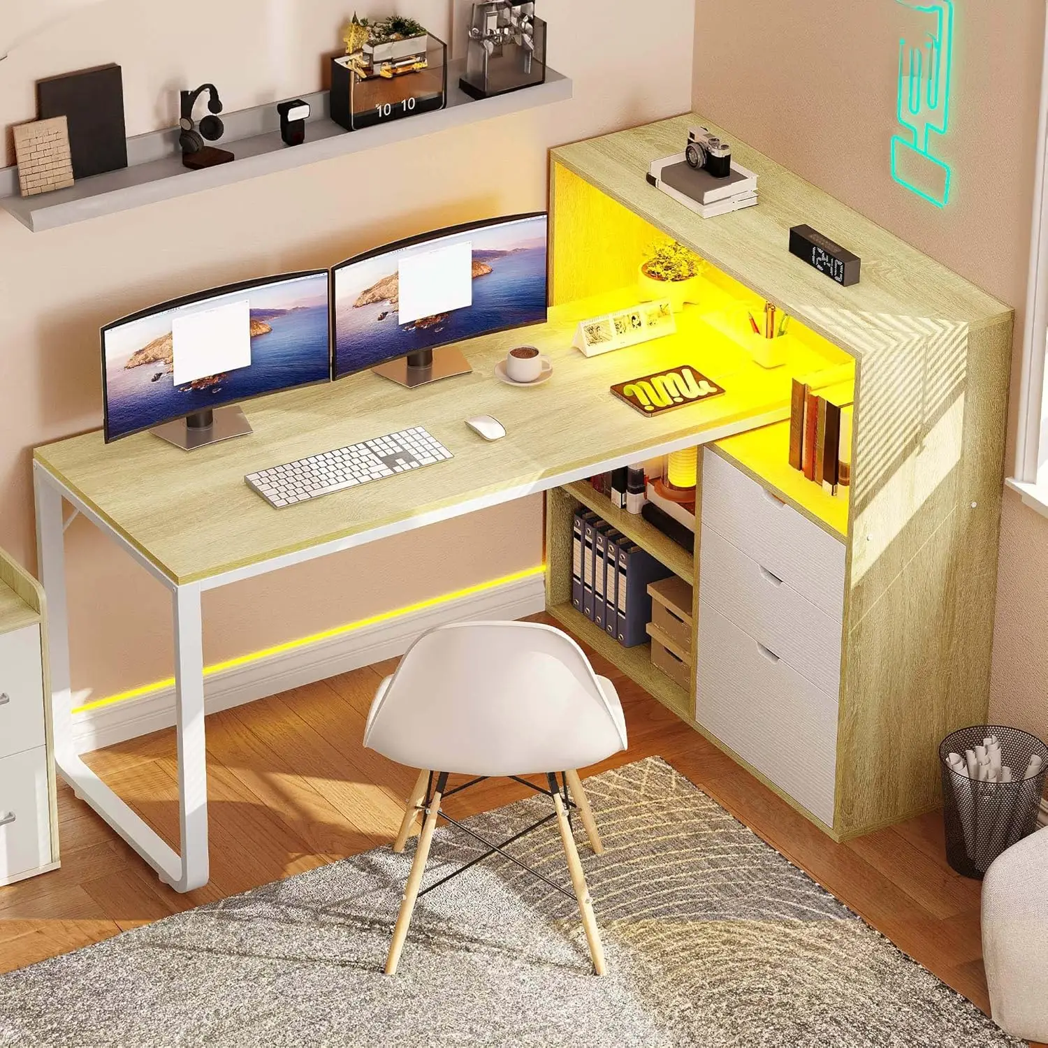 

L Shaped Desk with Power Outlets, 55" Computer Desk with Drawers & Bookshelf, Home Office Desk with LED Lights, Corner Desk with