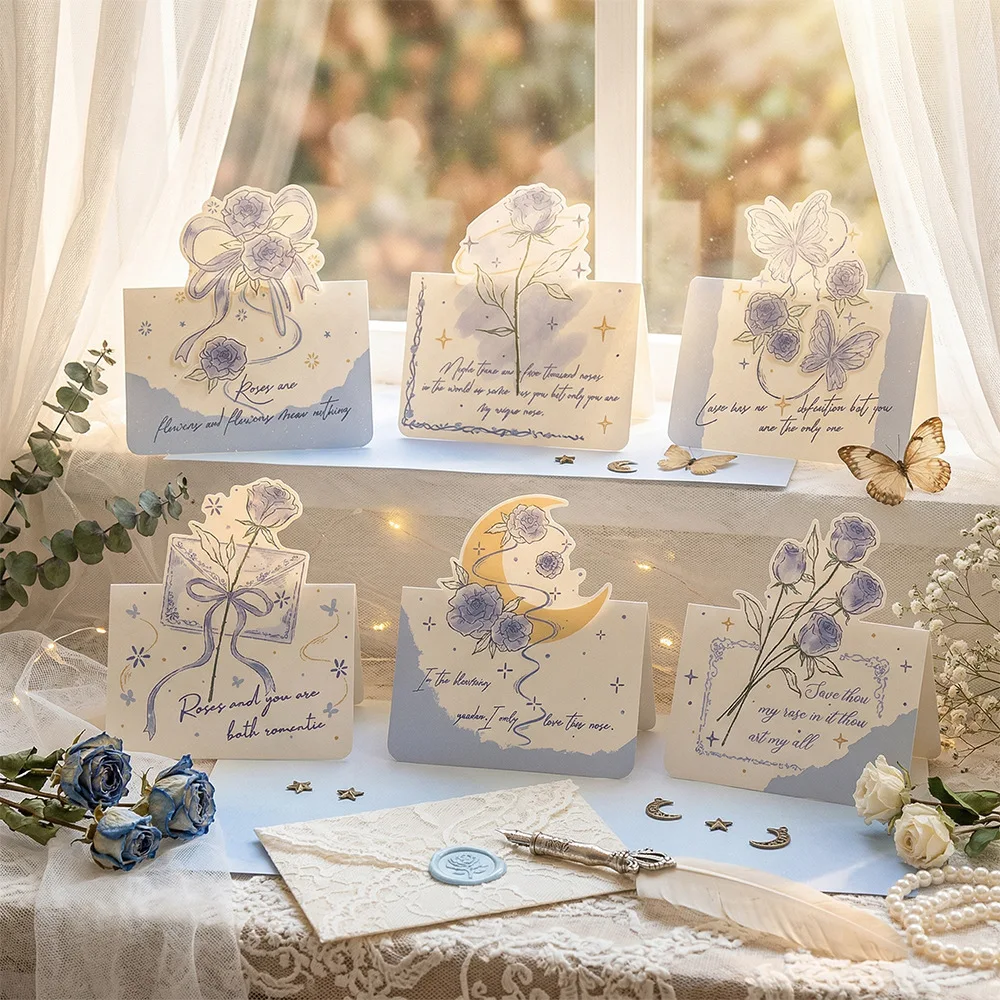 

10Pcs Ins-Style Dreamy Blue Rose 3D Greeting Card: Vintage Greeting Card, Elegant Love Note, Gift Message Card