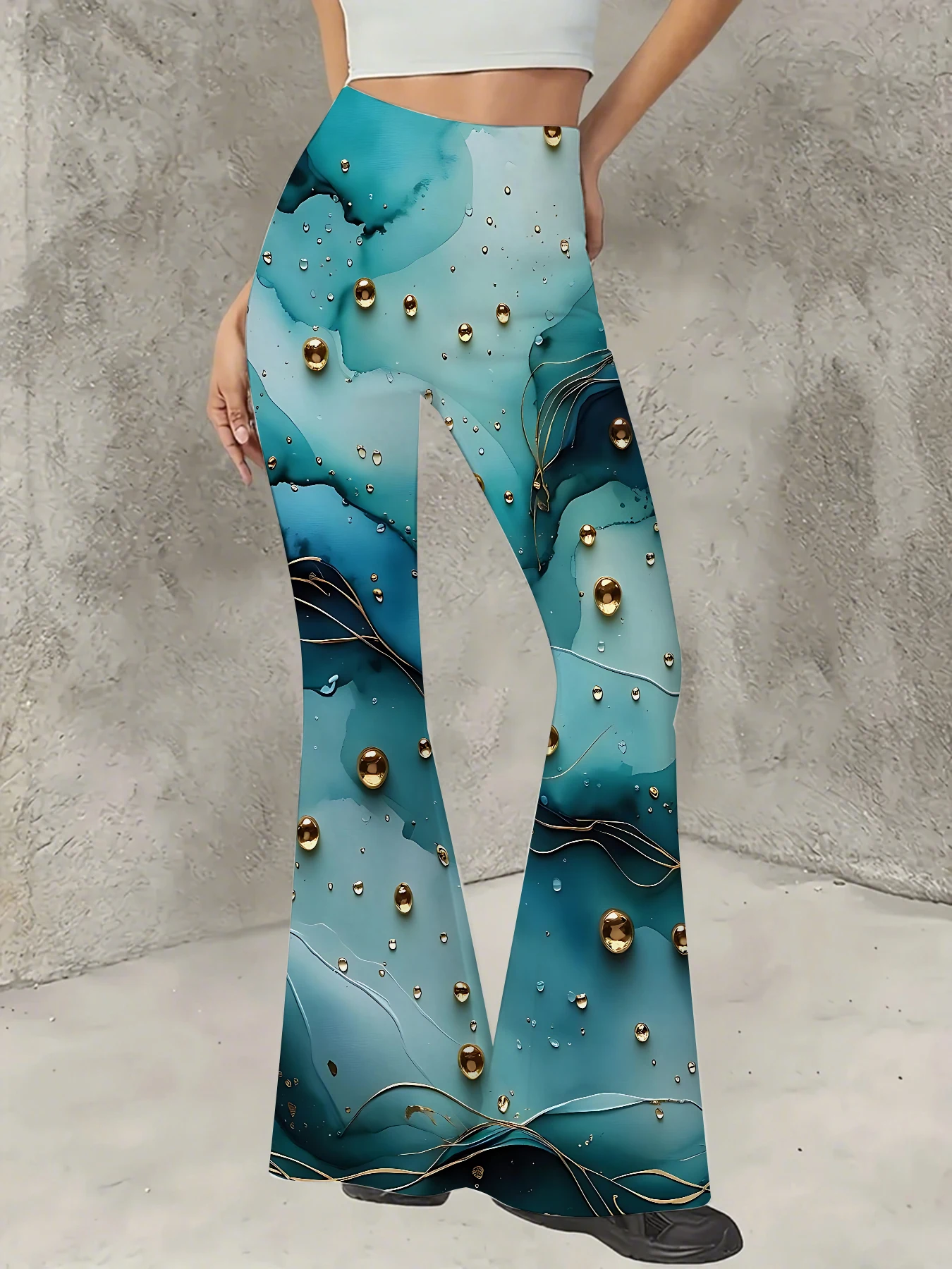 

Women's Striped Print Flare Pants Loose Fit Knit Wide Leg Bell Bottom Trousers