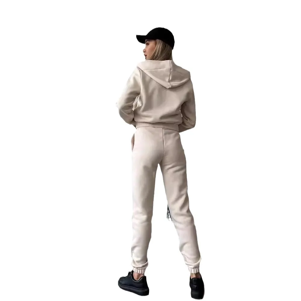 여성용 긴 소매 후드 지퍼 스웨터 슈트 겨울 출퇴근용 긴 소매 바지 세트 단색 패션 세트
