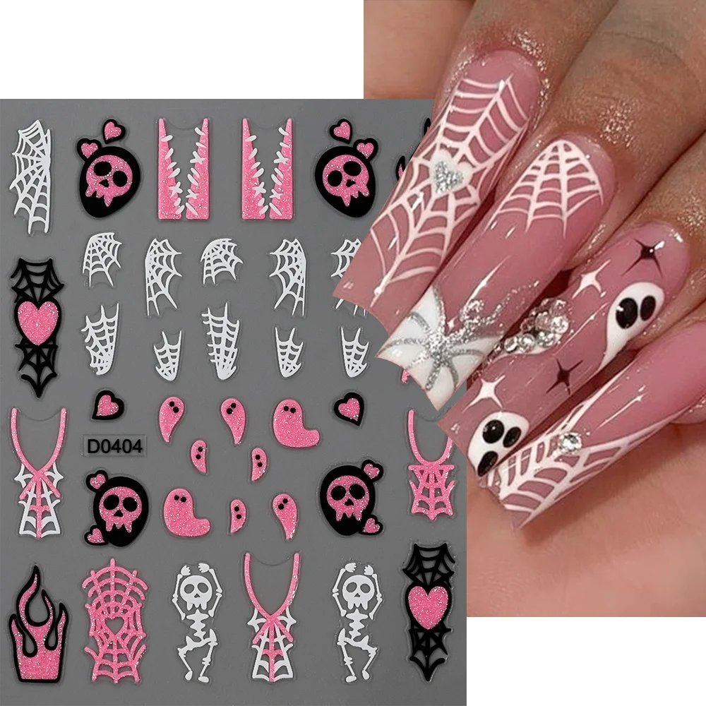 สติ๊กเกอร์ติดเล็บลายฮาโลวีน 5D Y2K 1 ชิ้น สีชมพู ลายกลิตเตอร์รูปหัวใจ/ใยแมงมุม/แมงมุม/ผี สำหรับตกแต่งเล็บในเทศกาล