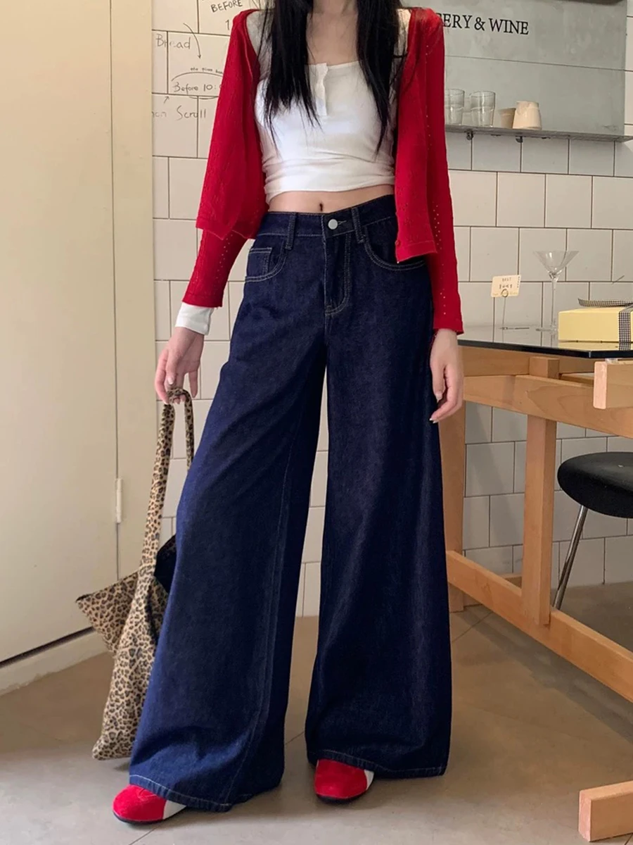 

Большие размеры, американские широкие джинсы с высокой талией, женские свободные брюки прямого кроя длиной до пола, повседневные джинсовые брюки с завышенной талией