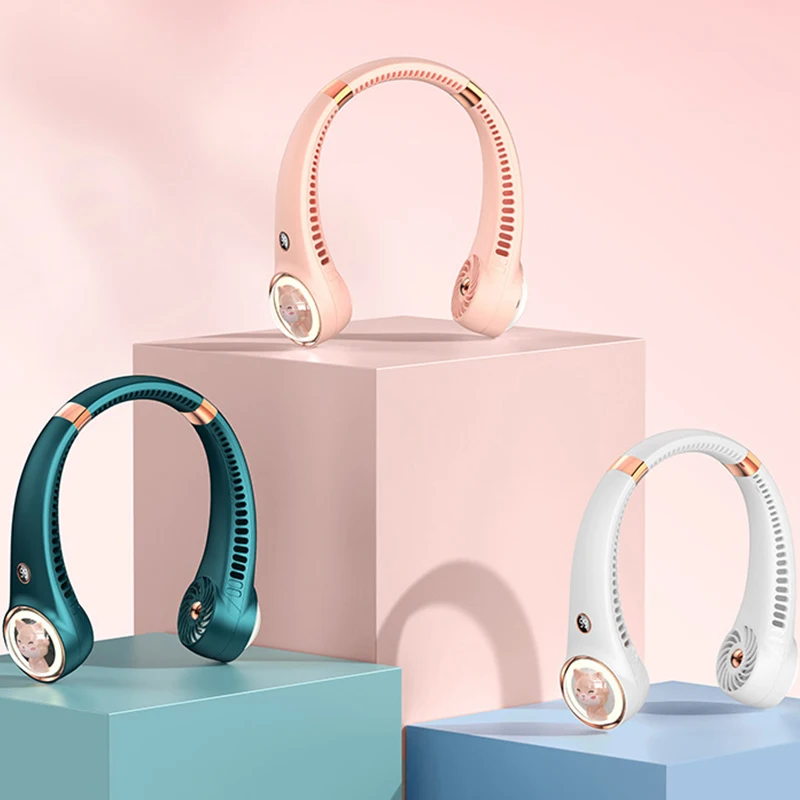 Wentylator na szyję z uroczym cyfrowym wyświetlaczem wiatraczek bez ramiączek z pałąkiem na szyję, przenośne Mini chłodnica powietrzna wentylatory elektryczne z akumulatorem USB