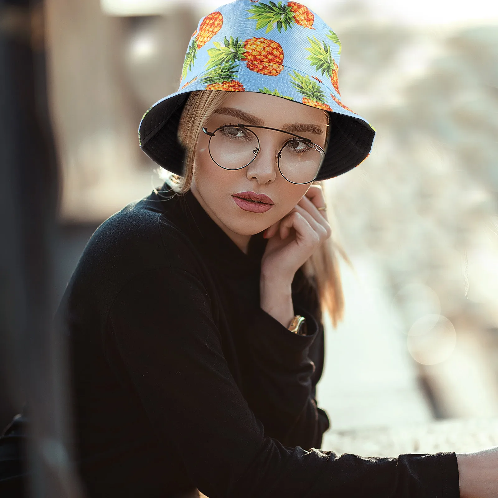 

Pineapple Bucket Hat Double-sided Sun Protection Headdress Foldable Lightweight Breathable Outdoor Fishing Vacation Daily Wear