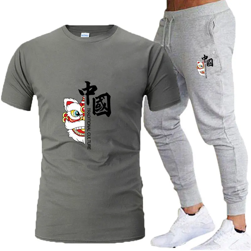 Camiseta de algodón de verano 2025, pantalones deportivos largos, conjunto para hombre, ropa transpirable de secado rápido para Fitness y ocio, cintura alta E