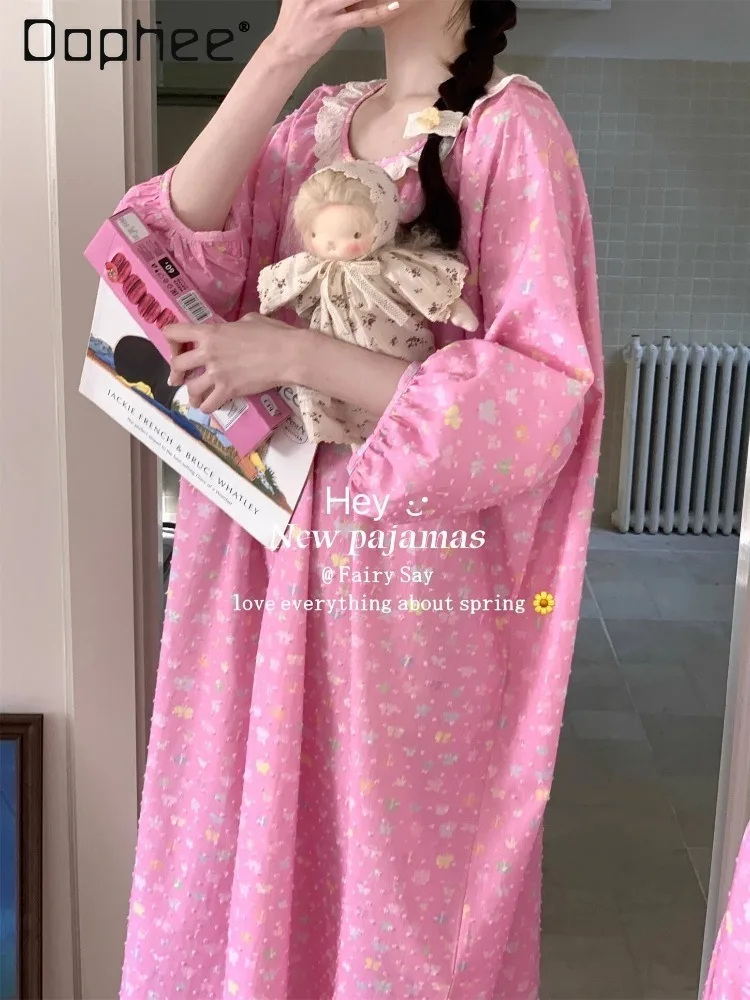 Gentle Girlish Colorful Butterfly Floral Puff Sleeve Round-neck Nightdress with Wooden Flange Loose Casual Womens Loungewear