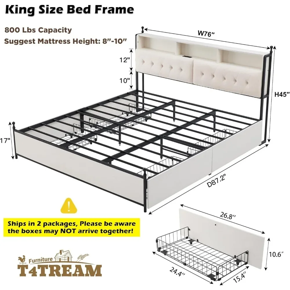 Struttura del letto King size con testiera imbottita e 4 cassetti, letto con piattaforma in metallo per fattoria con luci a LED e stazione di ricarica