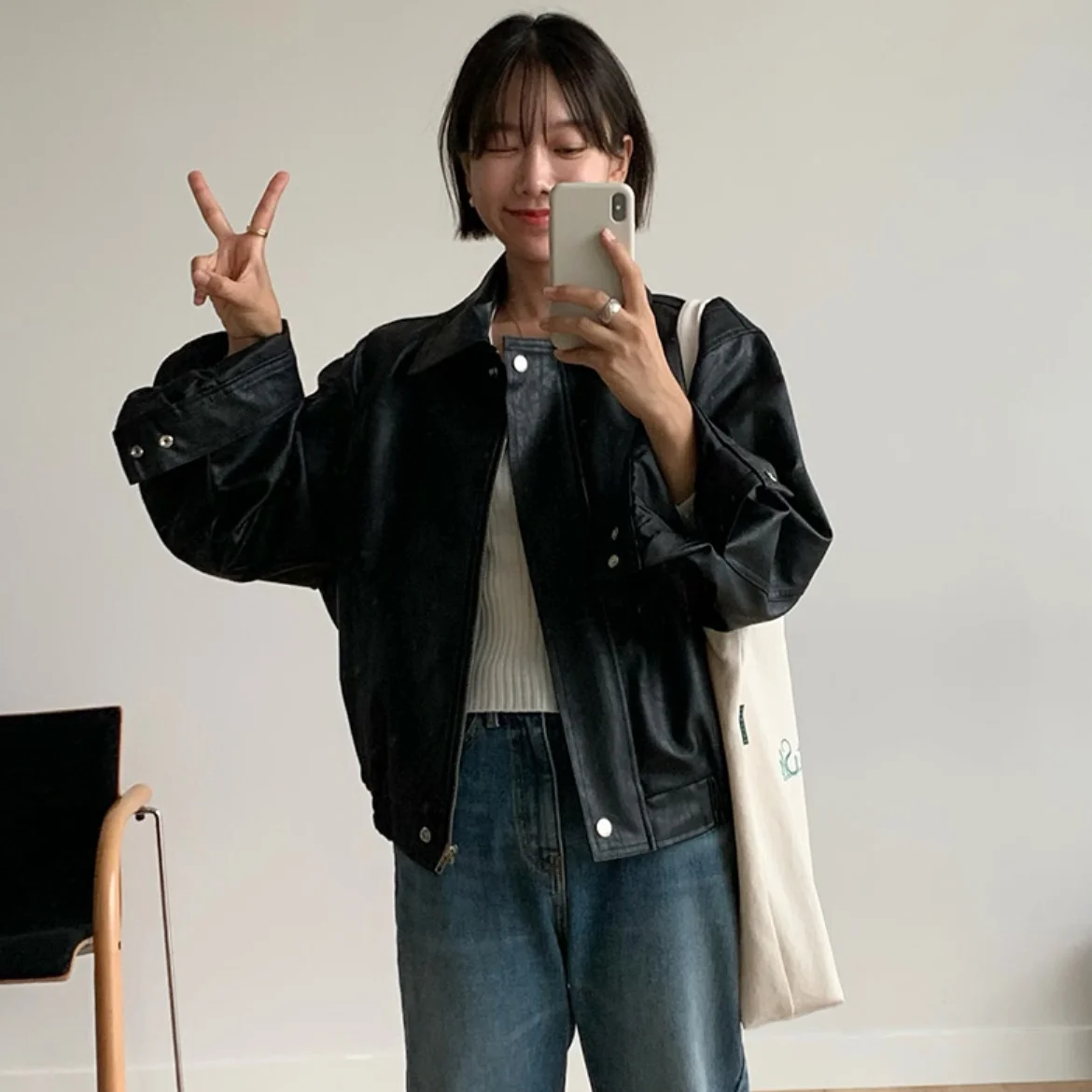 

Chic Retro High Collar Neutral Casual Biker Jacket PU Leather Color Versatile Outerwear Women Korean Style Long Sleeve ...