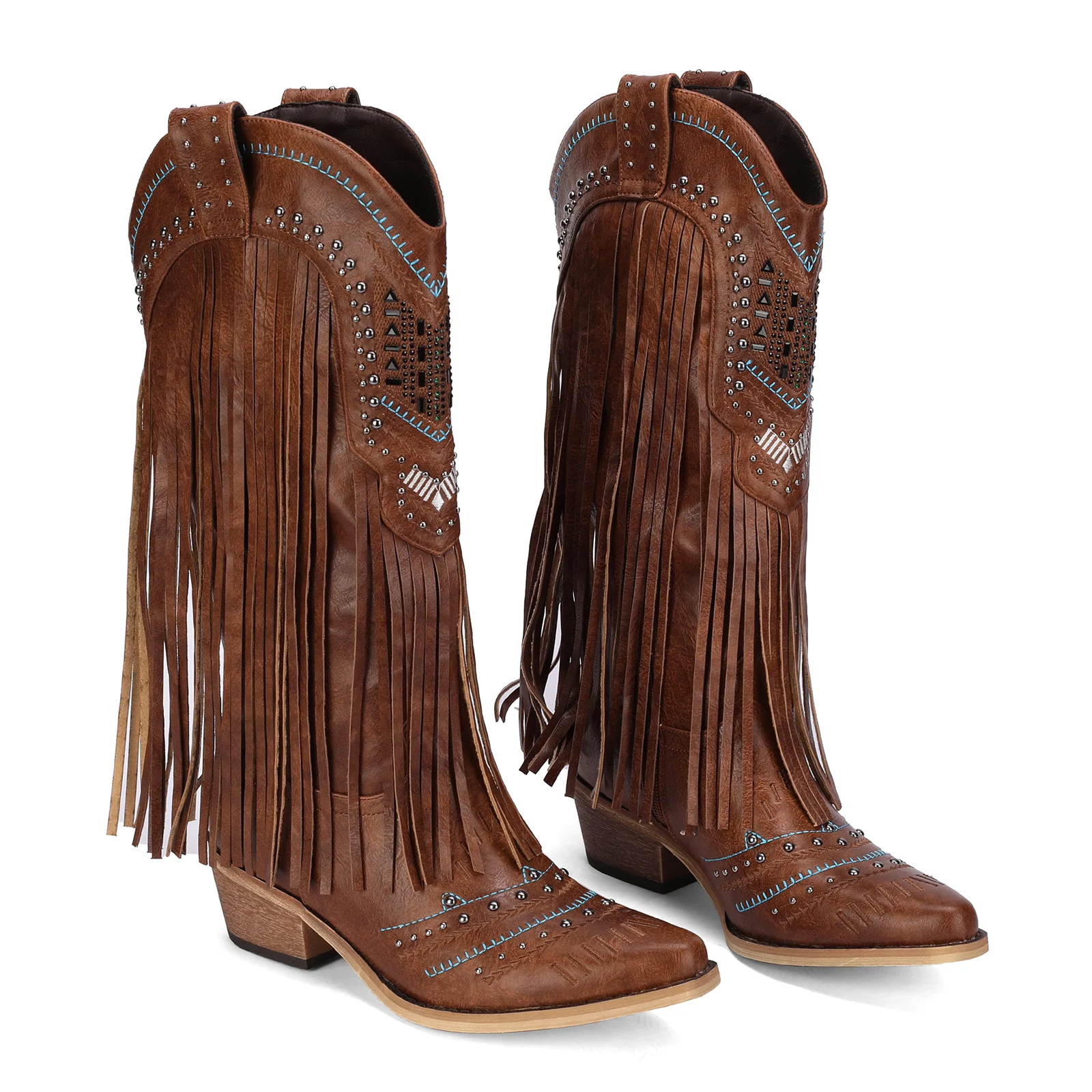 

Elegant Wedding Boots for Women: Brown Knee-High Western Style with Fringe, Studded Detail, Wide Calf Fit, Pointed Toe & Tassel