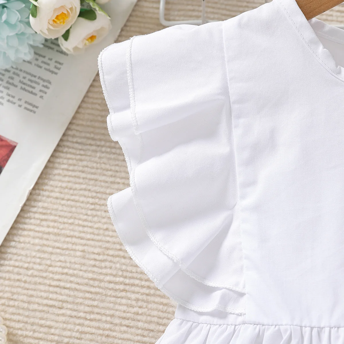 Samgami baby children's clothing girls suit summer flying sleeve ruffle top with pearl jeans 2-piece set image 6
