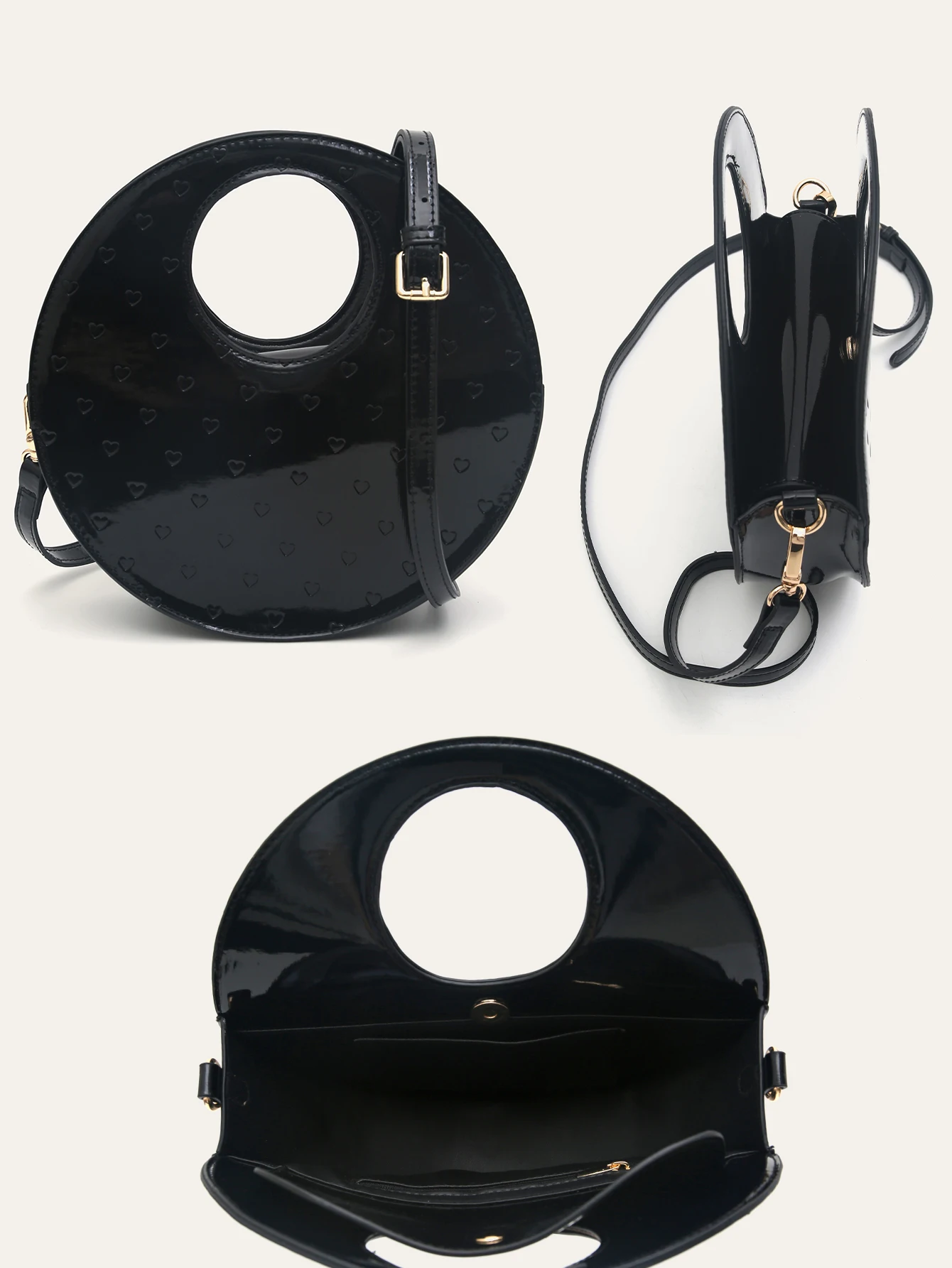 Brand PU Patent Leather Women Elegant Style Round Top-handle Bag Ladies Luxury Fashion Heart Shaped Pattern Crossbody Handbags