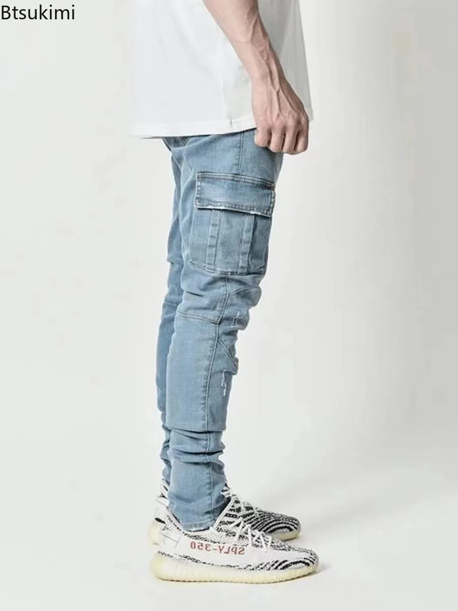 New Men's Washed Jeans Solid Color Multi Pockets Cargo Pants Mid Waist Slim Denim Pants Daily Casual Wear Male Joggers Trousers
