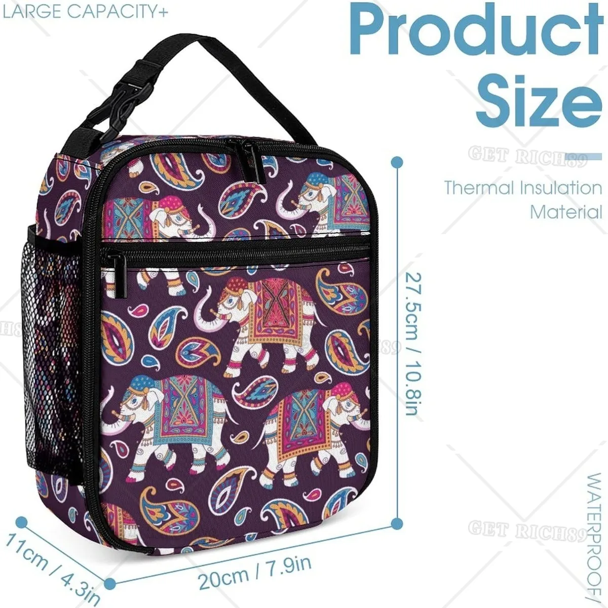 Indian Style Elephants Insulated Lunch Bag Animal Reusable Tote Box Boho Picnic Lunch Boxes for Work Travel Picnic Hike Beach