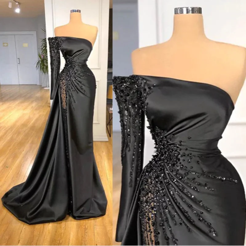

Customized Mermaid One-shoulder Prom Dresses Pearls Dubai Saudi Arabia Prom Gown Evening Robe De Soiree Haute Couture