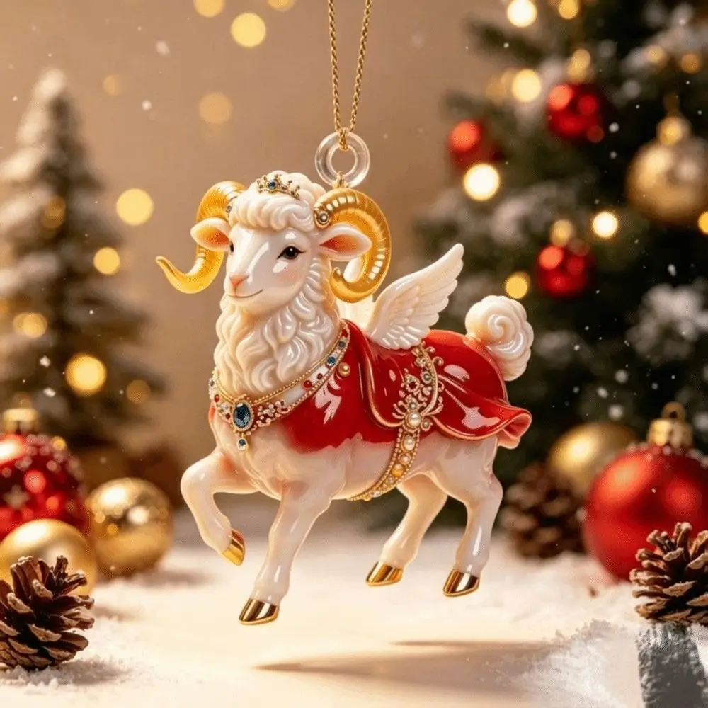 New 2D Flat Goat Hanging Ornament Acrylic Shining Goat Pendant Artificial Rhinestone Simulation Keychain Holiday Party Decor