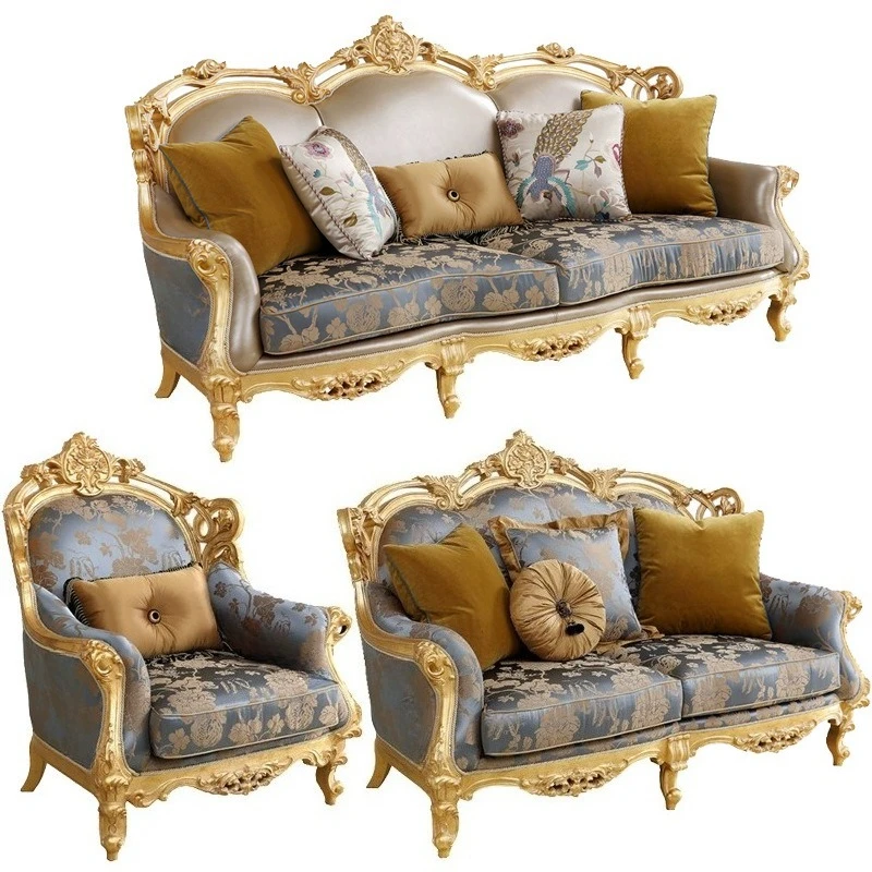 French retro light luxury fabric sofa, solid wood carving flower sofa, European fabric sofa