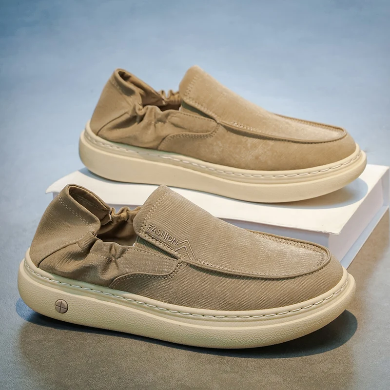 

Men's Canvas Slip-On Driving Shoes Breathable Lightweight Korean Style Casual Thick Bottom Low Cut Rubber Soled round Toe