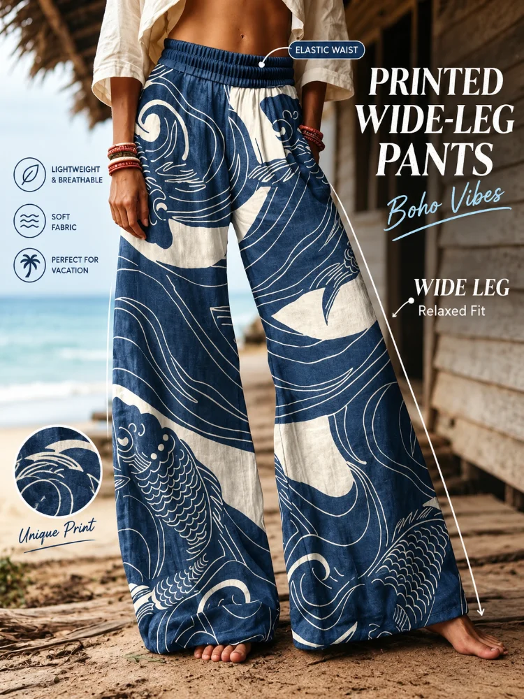 Women's Printed Wide-Leg Pants, Blue and White Koi Fish Wave Pattern Pants, Stretch High-Waisted Loose Casual Pants, Suitable for Summer Outdoor Leisure and Vacation Wear