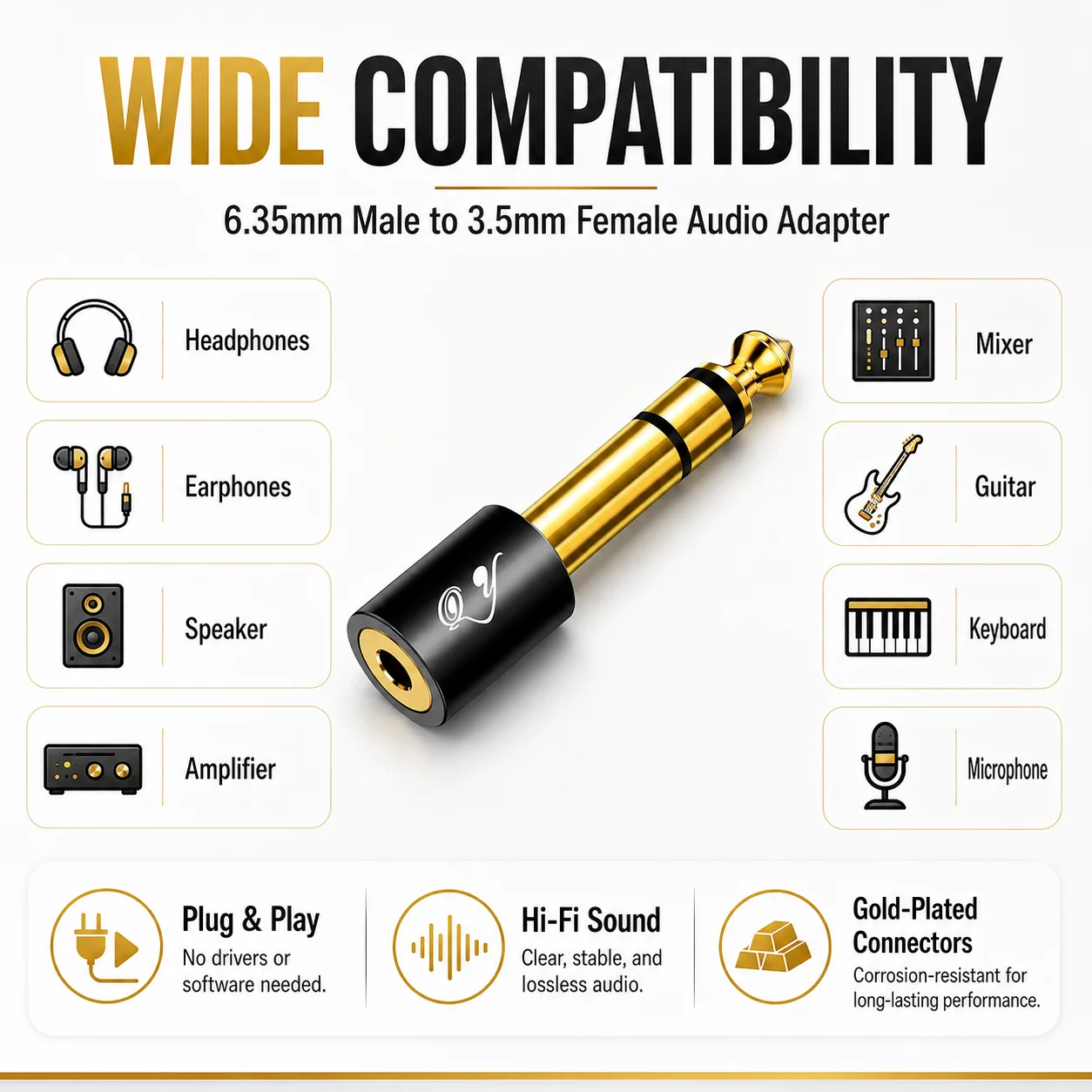 6.35mm Male to 3.5mm Female Audio Adapter, Gold-Plated Stereo Jack Converter for Headphones Speaker