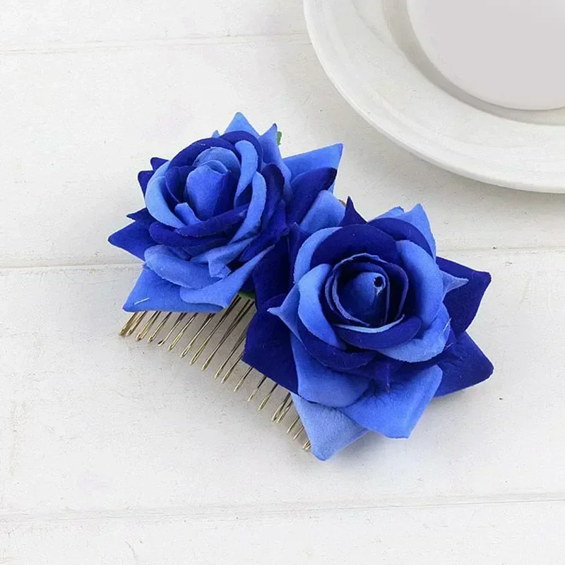 1PC Romantic Fancy Double Silk Artificial Rose Flower Hair Comb Purple Red Hair Clip Wedding Bridal Lady Prom Headpiece Headwear